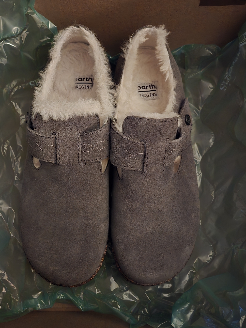 Earth Origins Women's Gray Suede Faux-Fur Lined Slip-On Clogs